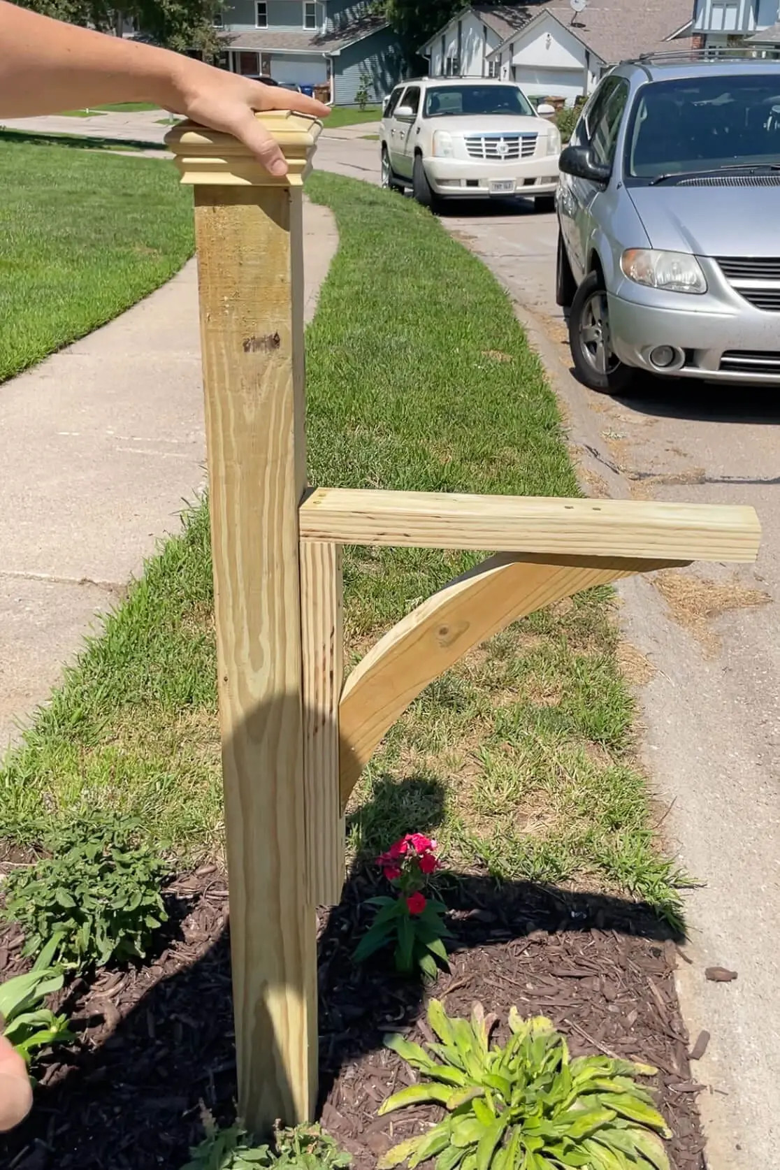 Building a wood corbel for DIY mailbox makeover.